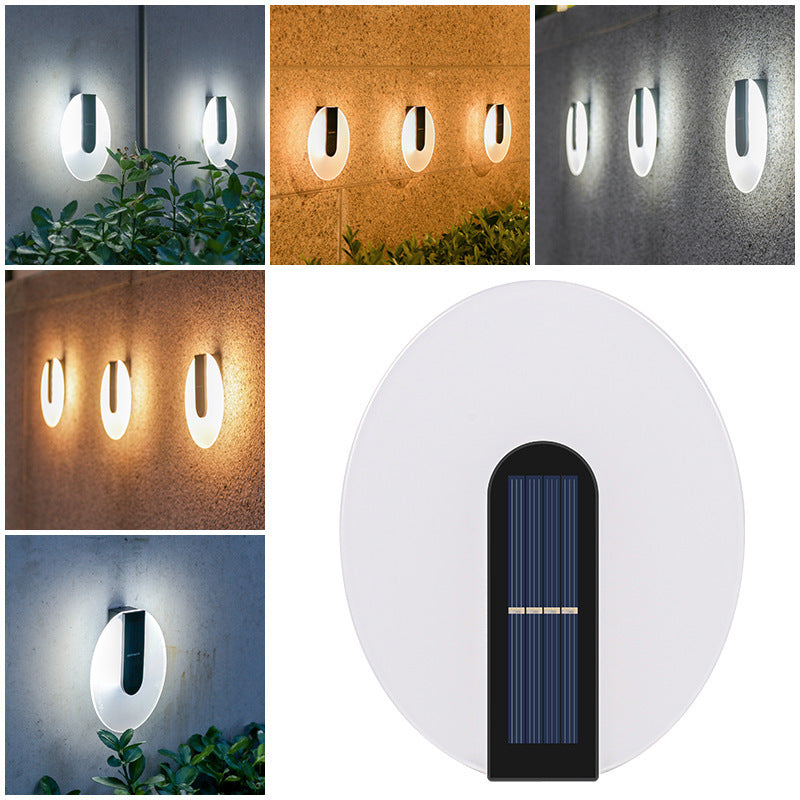 Waterproof Solar Outdoor Yard solar wall light shown in various lighting settings with modern abstract design.