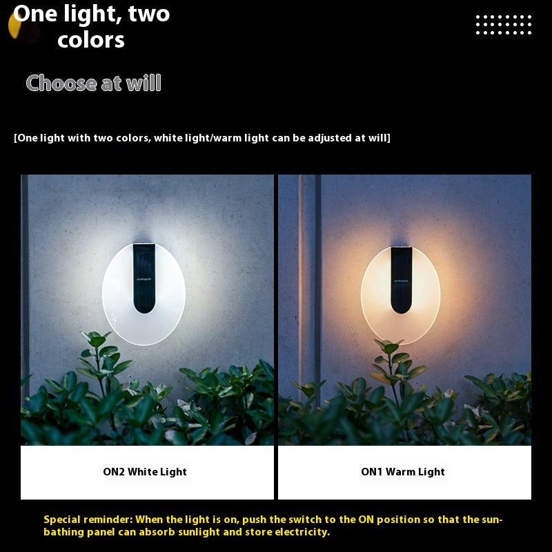 Waterproof Solar Outdoor Yard light showing two color options: white light and warm light with plant background.